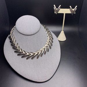 Berge Silver Tone Link Necklace Clip Earrings Set Demi Parure